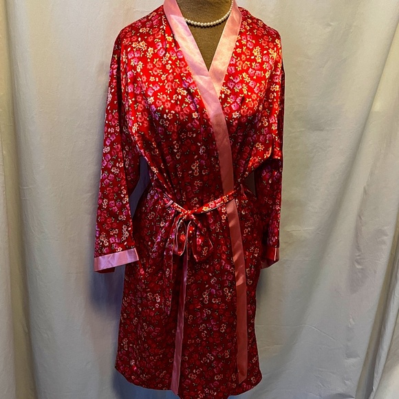 Cruz Woman Robe Belted Comfy Soft Y2K pink red Floral Kimono style Size LG - Picture 1 of 7